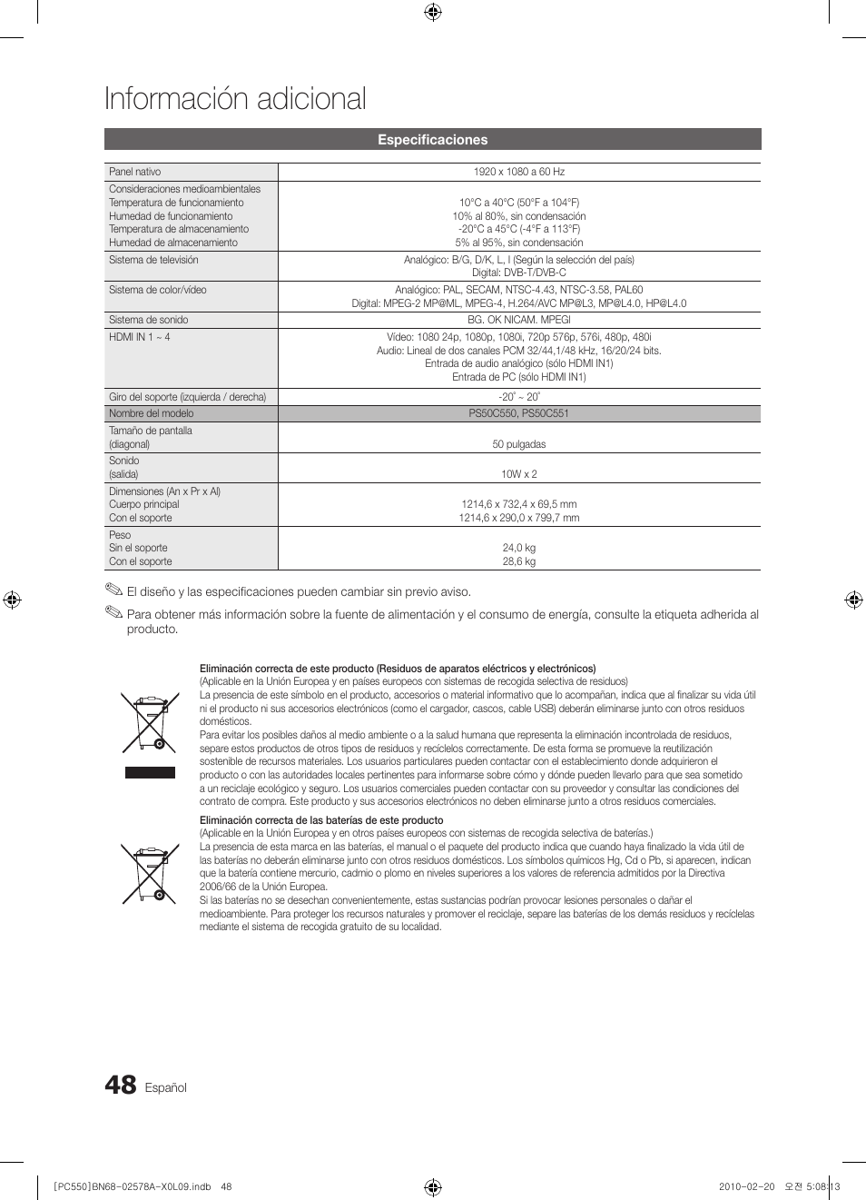 Información adicional | Samsung PS50C551G2W User Manual | Page 298 / 452