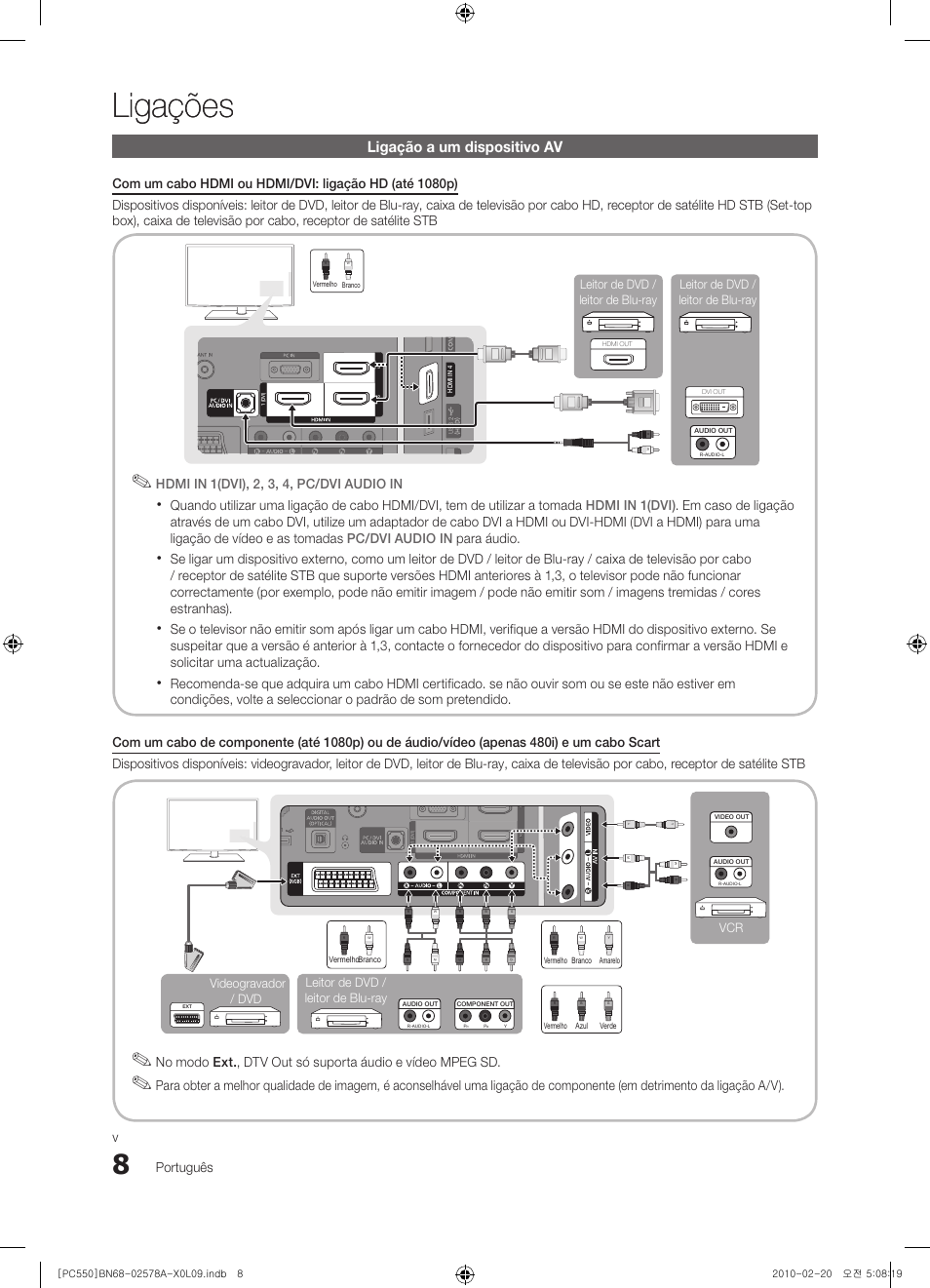 Ligações, Ligação a um dispositivo av, Português | Hdmi in 1(dvi), 2, 3, 4, pc/dvi audio in, Vcr leitor de dvd / leitor de blu-ray, Videogravador / dvd | Samsung PS50C551G2W User Manual | Page 308 / 452