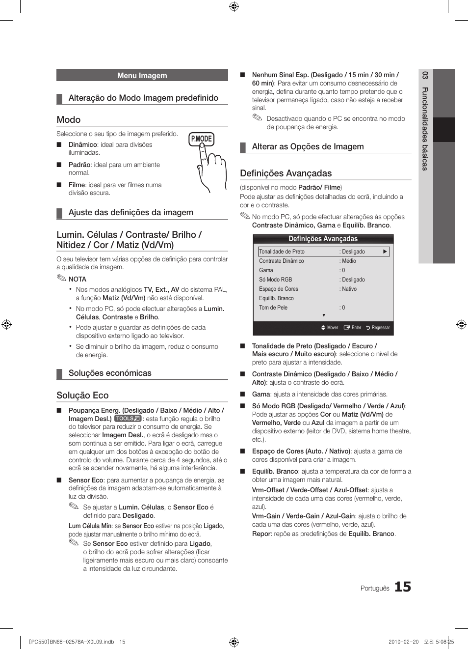 Modo, Solução eco, Definições avançadas | Samsung PS50C551G2W User Manual | Page 315 / 452