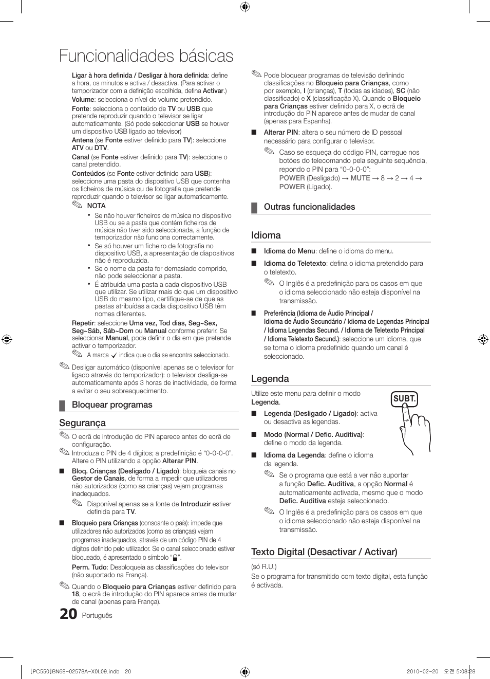 Funcionalidades básicas, Segurança, Idioma | Legenda, Texto digital (desactivar / activar) | Samsung PS50C551G2W User Manual | Page 320 / 452
