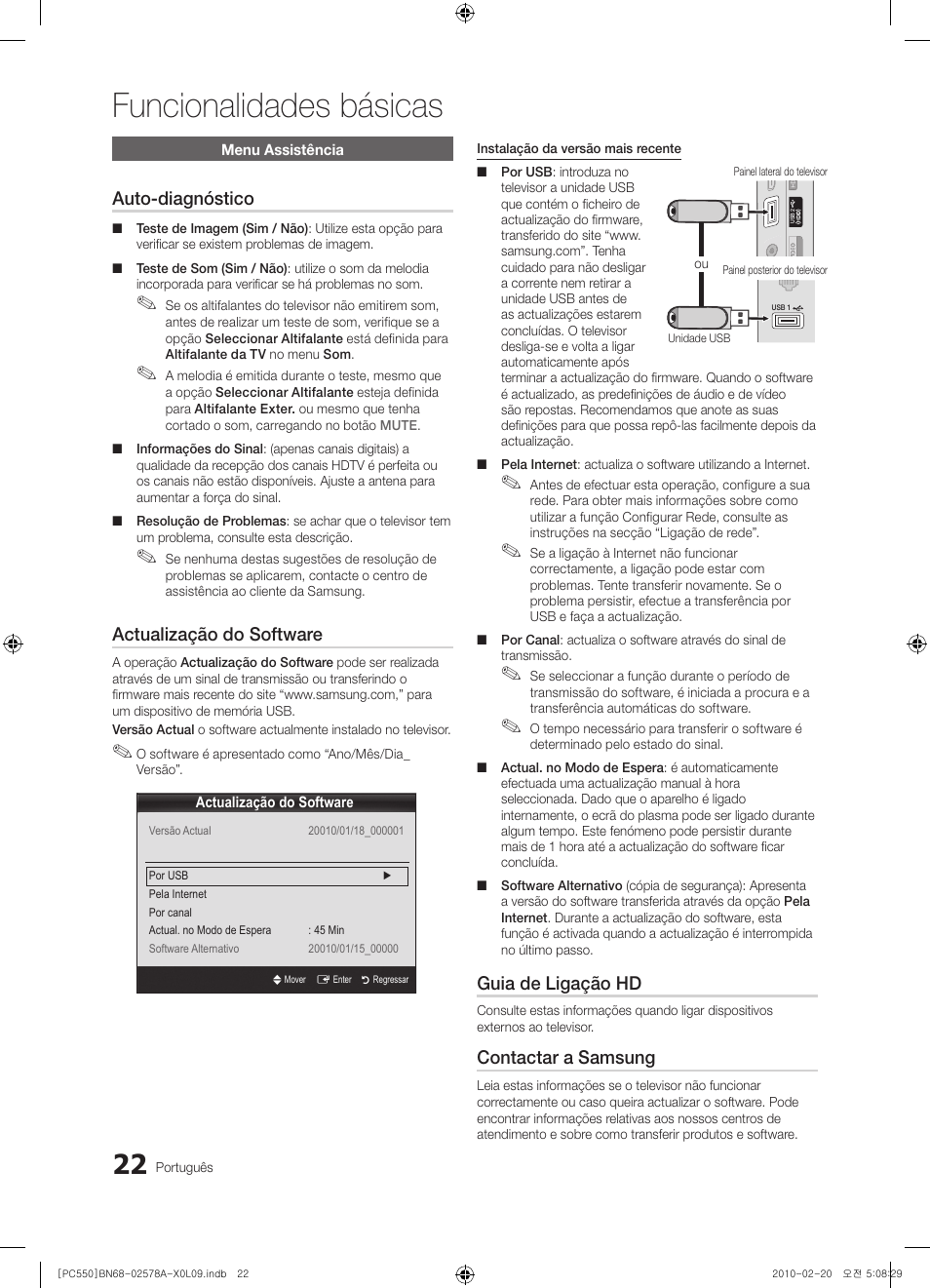 Funcionalidades básicas, Auto-diagnóstico, Actualização do software | Guia de ligação hd, Contactar a samsung | Samsung PS50C551G2W User Manual | Page 322 / 452
