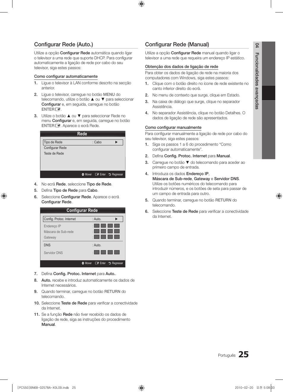 Configurar rede (auto.), Configurar rede (manual) | Samsung PS50C551G2W User Manual | Page 325 / 452