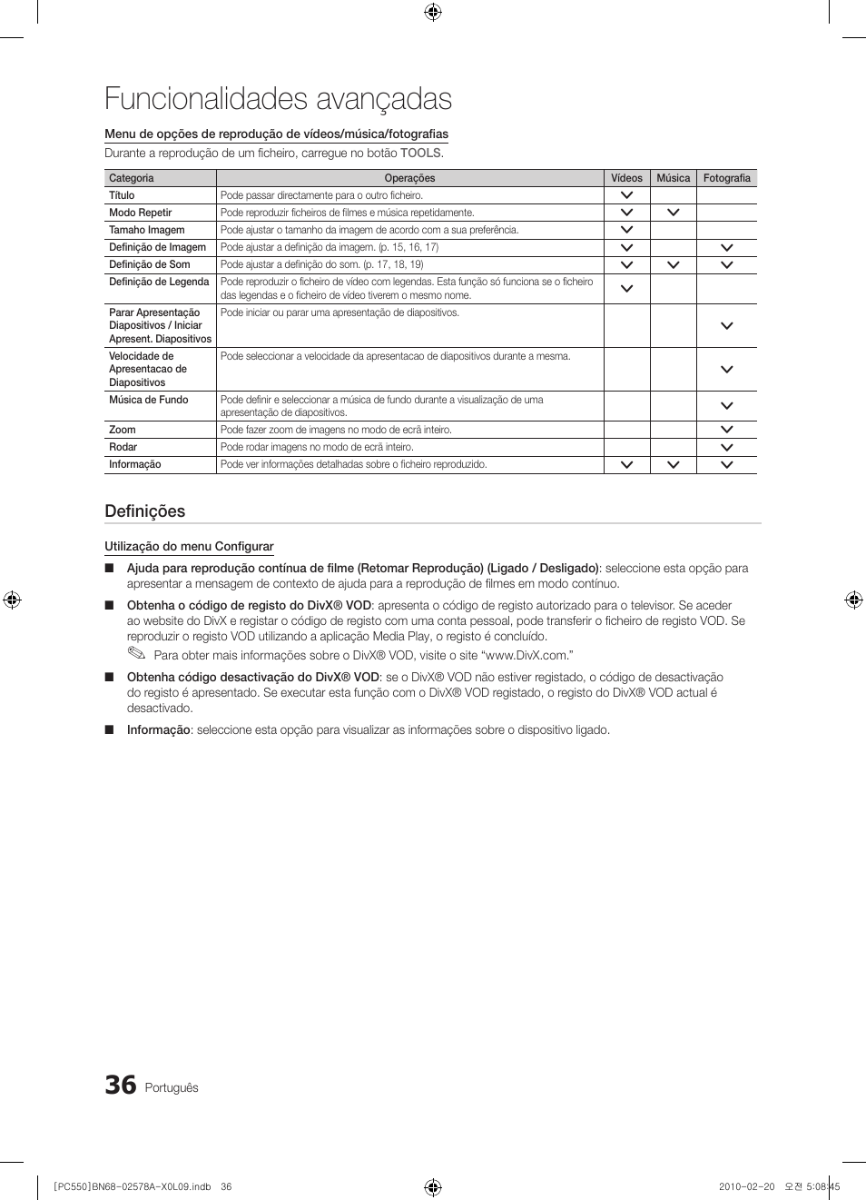 Funcionalidades avançadas, Definições | Samsung PS50C551G2W User Manual | Page 336 / 452