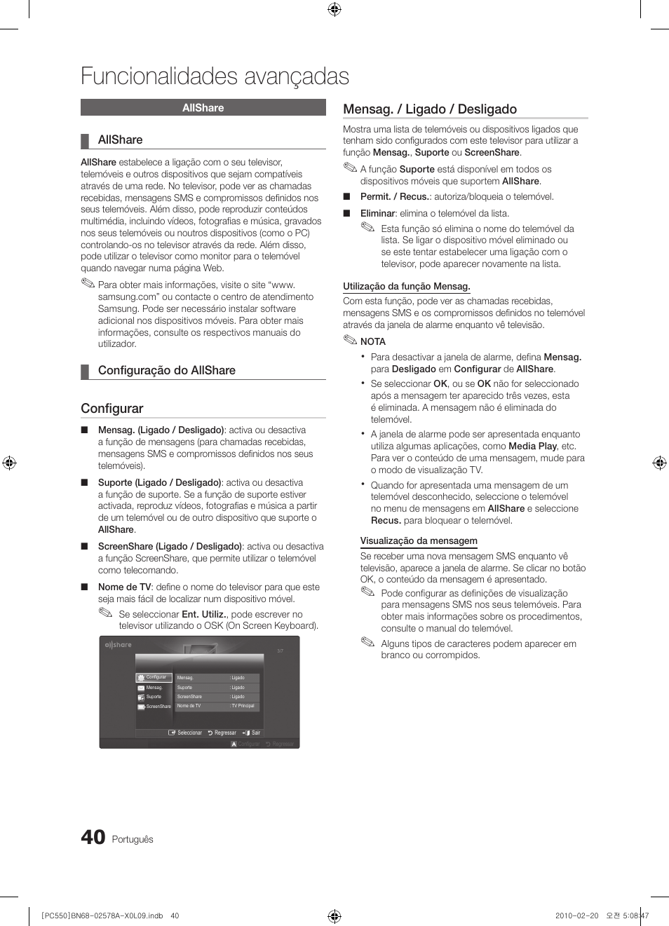 Funcionalidades avançadas, Configurar, Mensag. / ligado / desligado | Samsung PS50C551G2W User Manual | Page 340 / 452