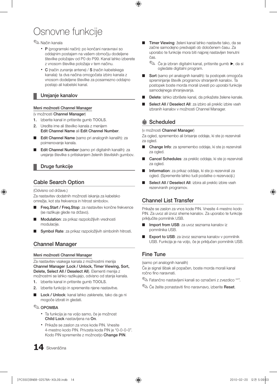 Osnovne funkcije, Cable search option, Channel manager | Scheduled, Channel list transfer, Fine tune | Samsung PS50C551G2W User Manual | Page 364 / 452