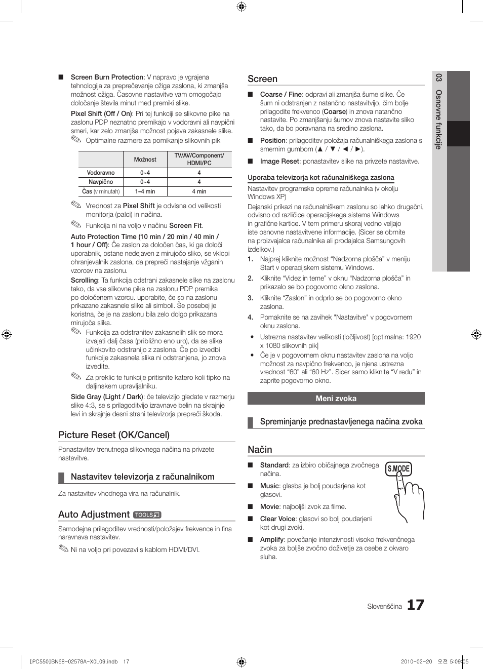 Picture reset (ok/cancel), Auto adjustment, Screen | Način | Samsung PS50C551G2W User Manual | Page 367 / 452