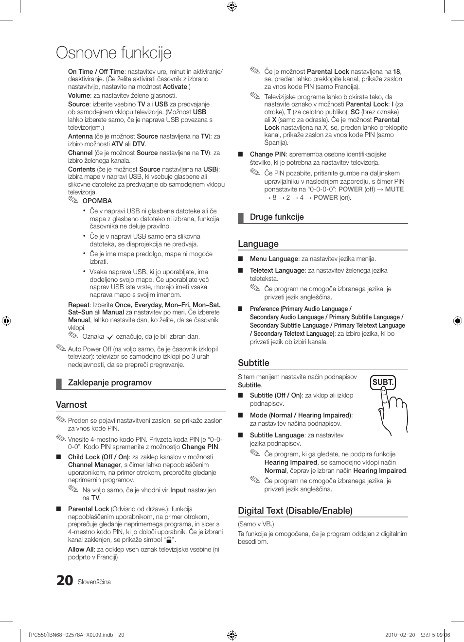 Osnovne funkcije, Varnost, Language | Subtitle, Digital text (disable/enable) | Samsung PS50C551G2W User Manual | Page 370 / 452