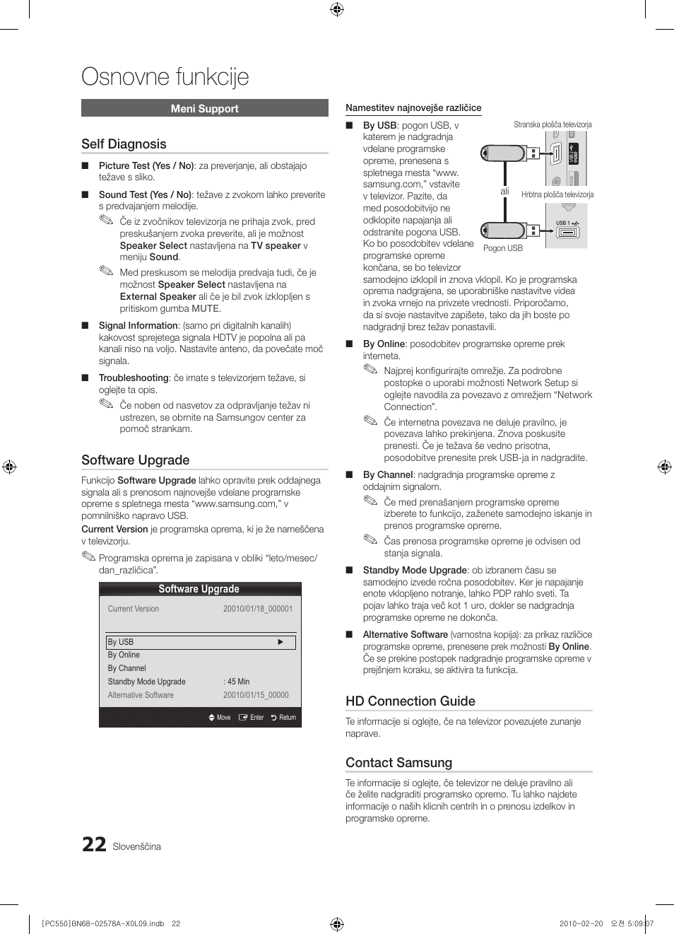 Osnovne funkcije, Self diagnosis, Software upgrade | Hd connection guide, Contact samsung | Samsung PS50C551G2W User Manual | Page 372 / 452