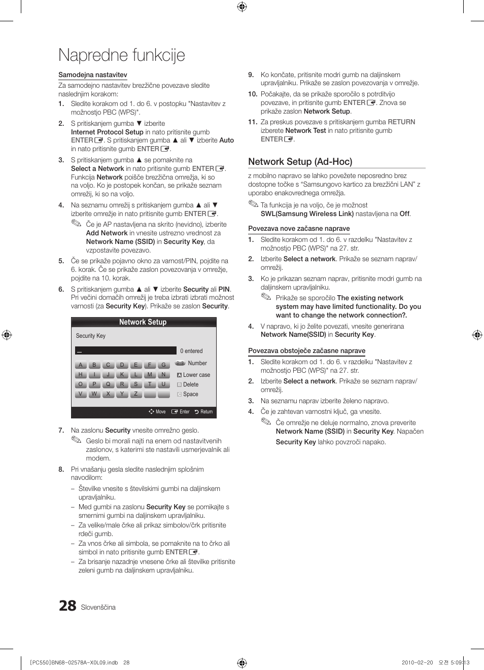 Napredne funkcije, Network setup (ad-hoc) | Samsung PS50C551G2W User Manual | Page 378 / 452