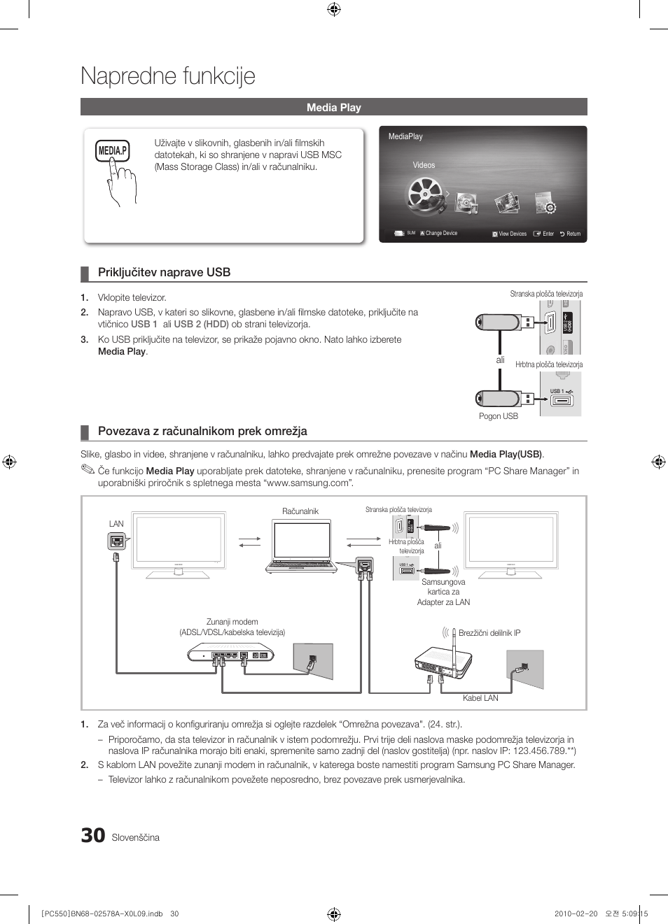 Napredne funkcije, Priključitev naprave usb, Povezava z računalnikom prek omrežja | Samsung PS50C551G2W User Manual | Page 380 / 452