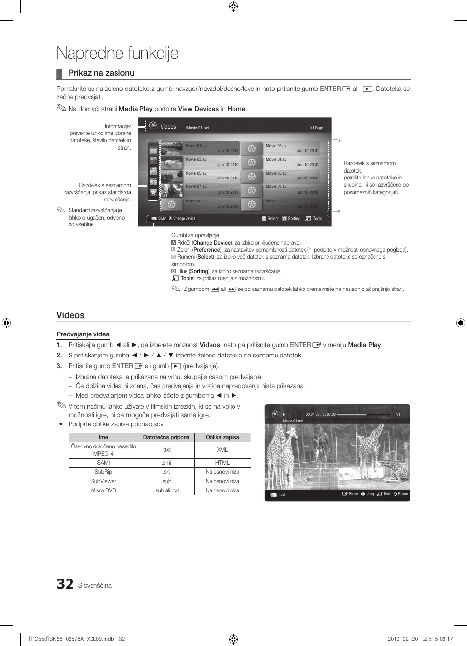Napredne funkcije, Videos, Prikaz na zaslonu | Samsung PS50C551G2W User Manual | Page 382 / 452