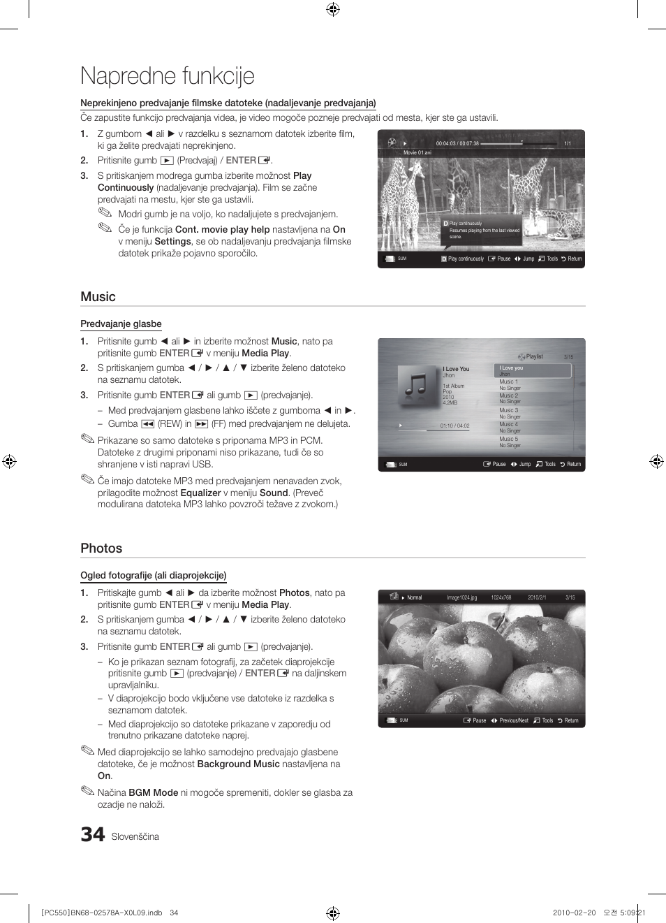 Napredne funkcije, Music, Photos | Samsung PS50C551G2W User Manual | Page 384 / 452