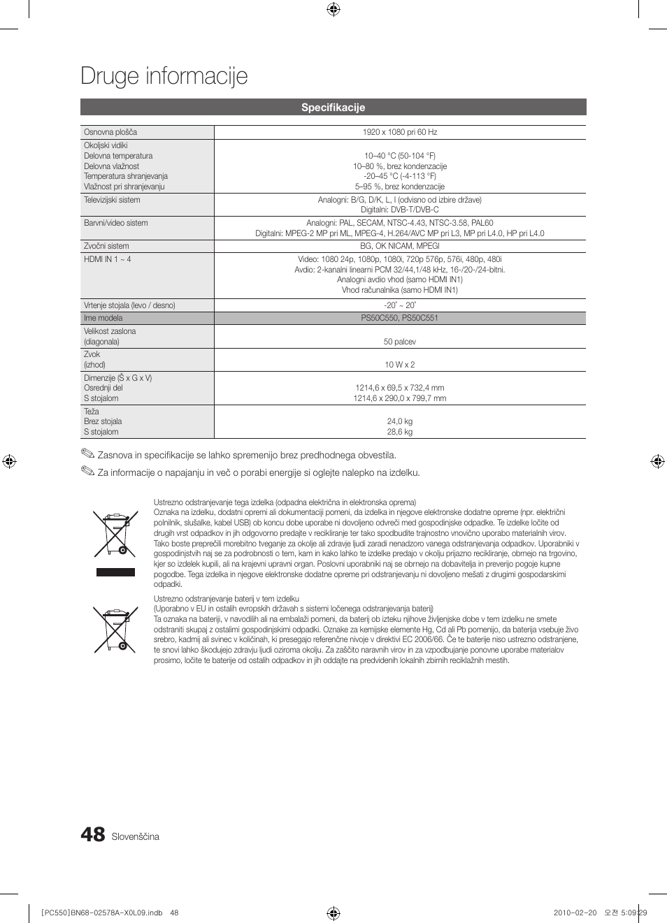 Druge informacije | Samsung PS50C551G2W User Manual | Page 398 / 452