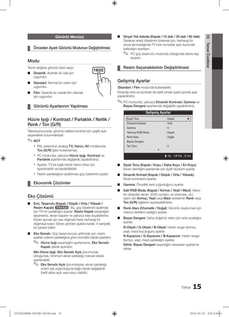 Modu, Eko çözümü, Gelişmiş ayarlar | Samsung PS50C551G2W User Manual | Page 415 / 452