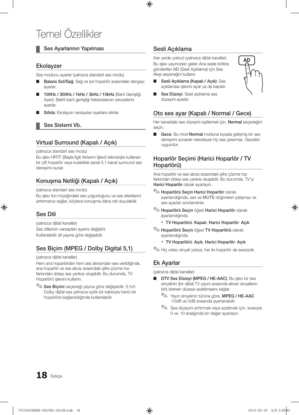 Temel özellikler | Samsung PS50C551G2W User Manual | Page 418 / 452