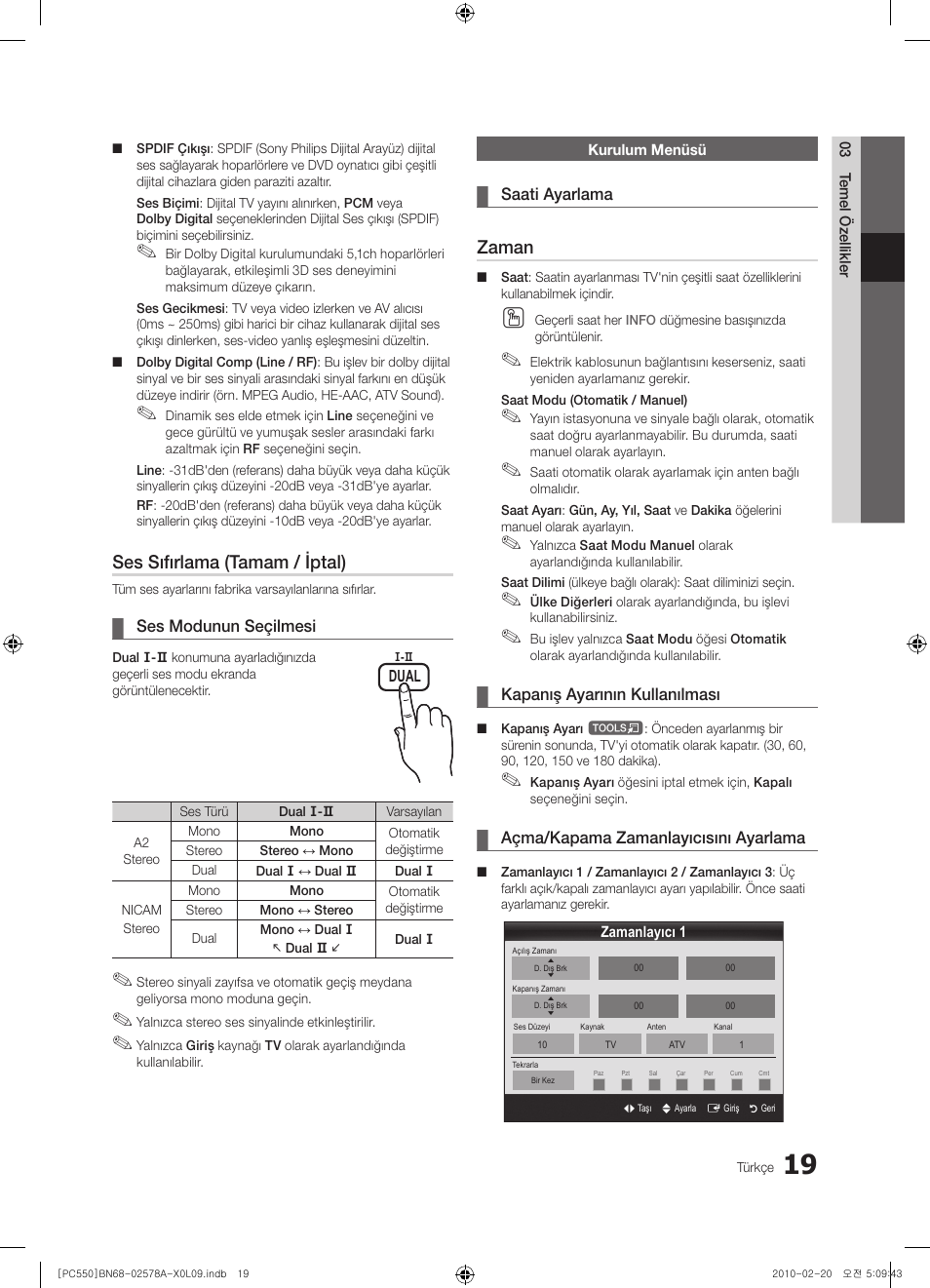 Ses sıfırlama (tamam / iptal), Zaman | Samsung PS50C551G2W User Manual | Page 419 / 452