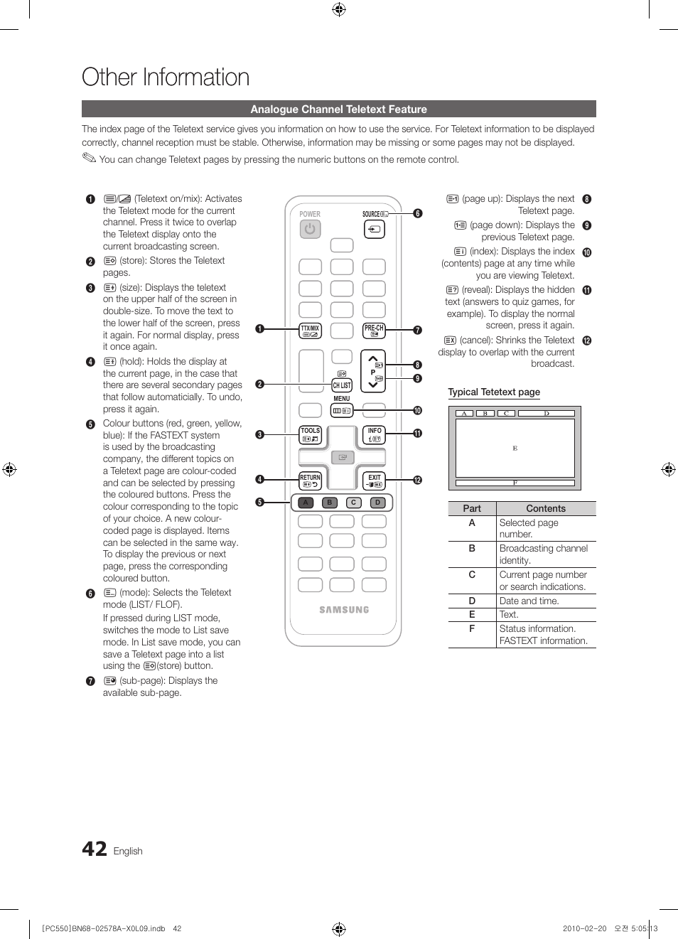Other information, Analogue channel teletext feature | Samsung PS50C551G2W User Manual | Page 42 / 452