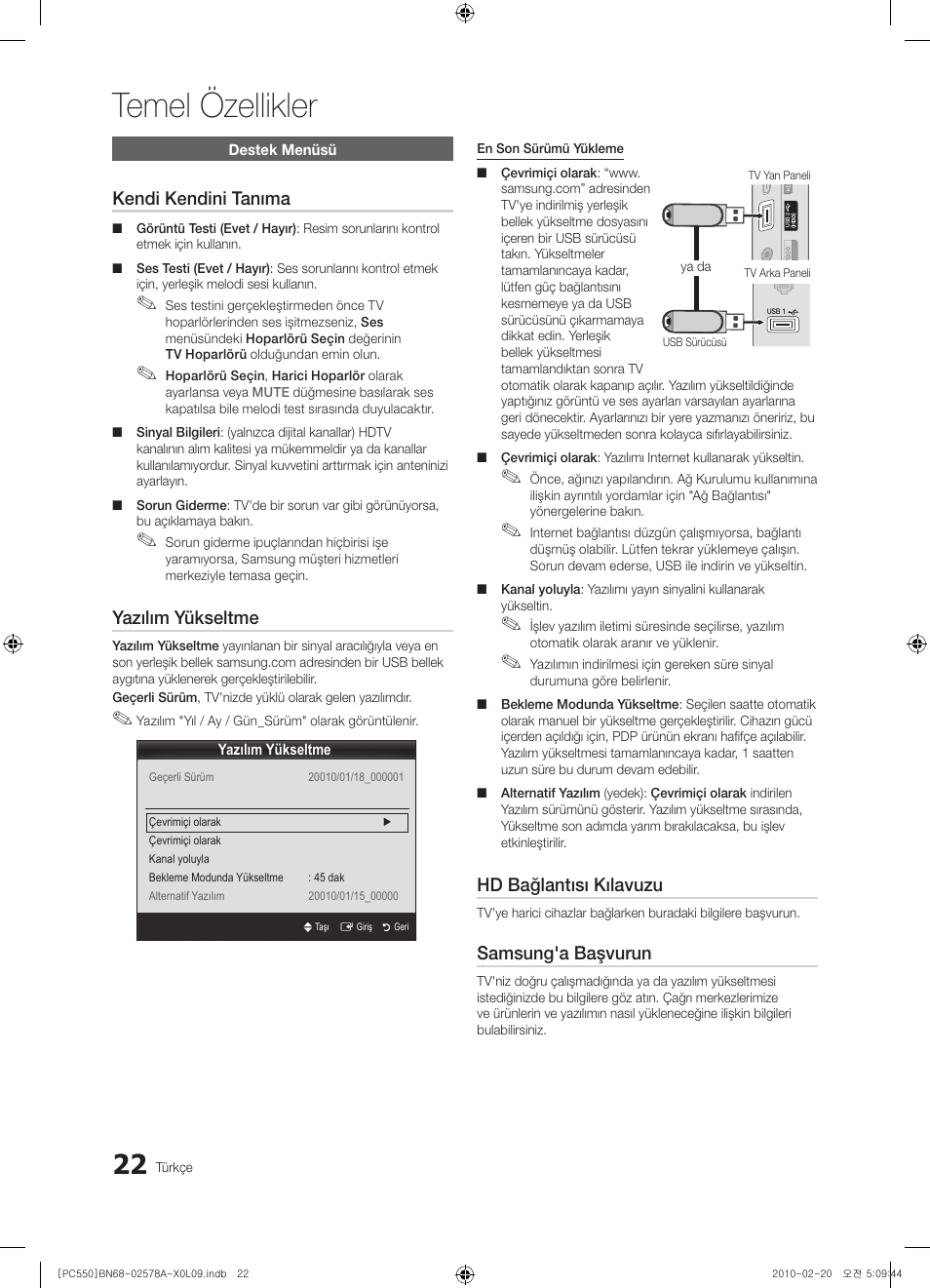 Temel özellikler, Kendi kendini tanıma, Yazılım yükseltme | Hd bağlantısı kılavuzu, Samsung'a başvurun | Samsung PS50C551G2W User Manual | Page 422 / 452