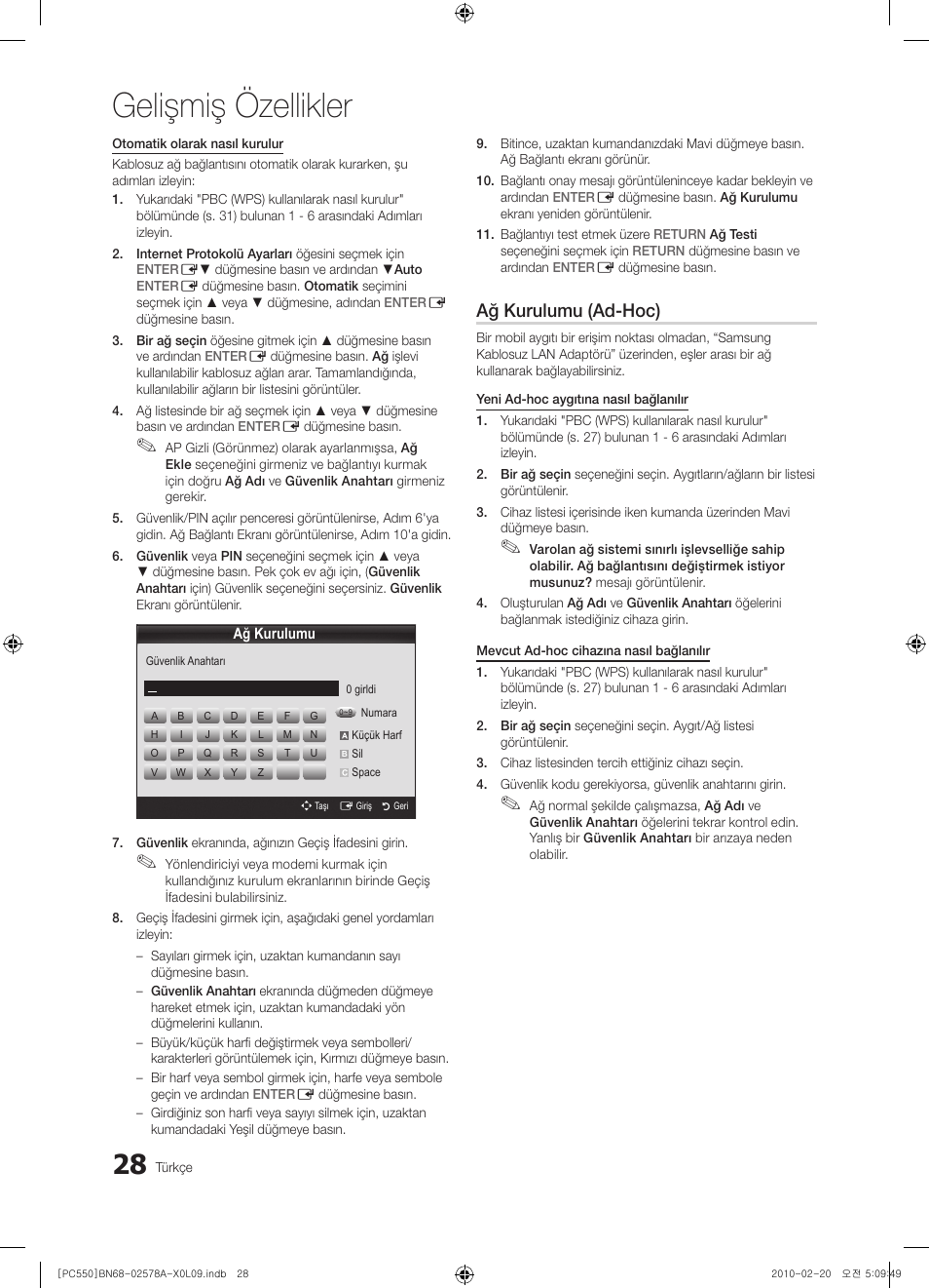 Gelişmiş özellikler, Ağ kurulumu (ad-hoc) | Samsung PS50C551G2W User Manual | Page 428 / 452