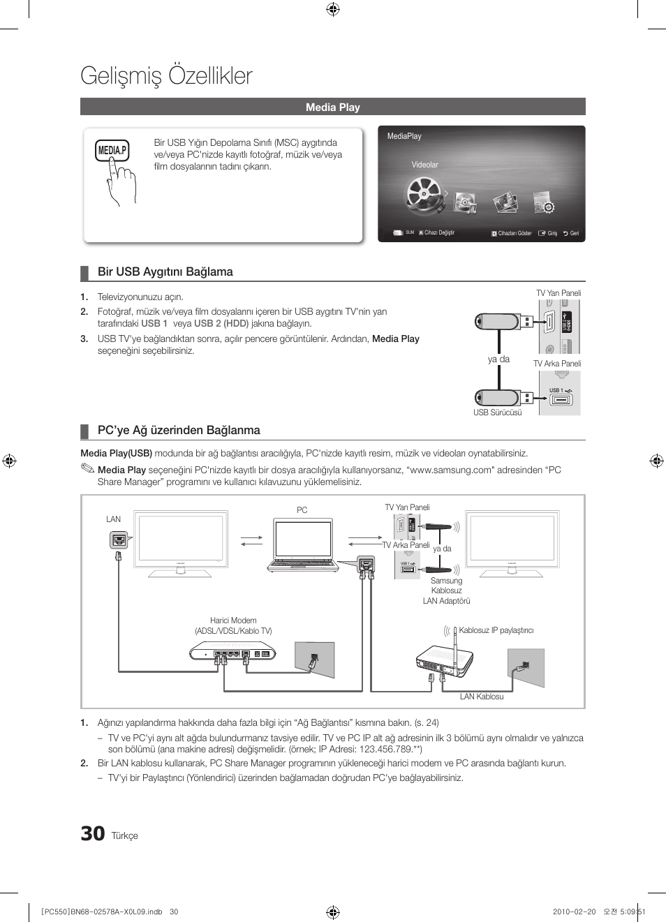 Gelişmiş özellikler, Bir usb aygıtını bağlama, Pc’ye ağ üzerinden bağlanma | Samsung PS50C551G2W User Manual | Page 430 / 452