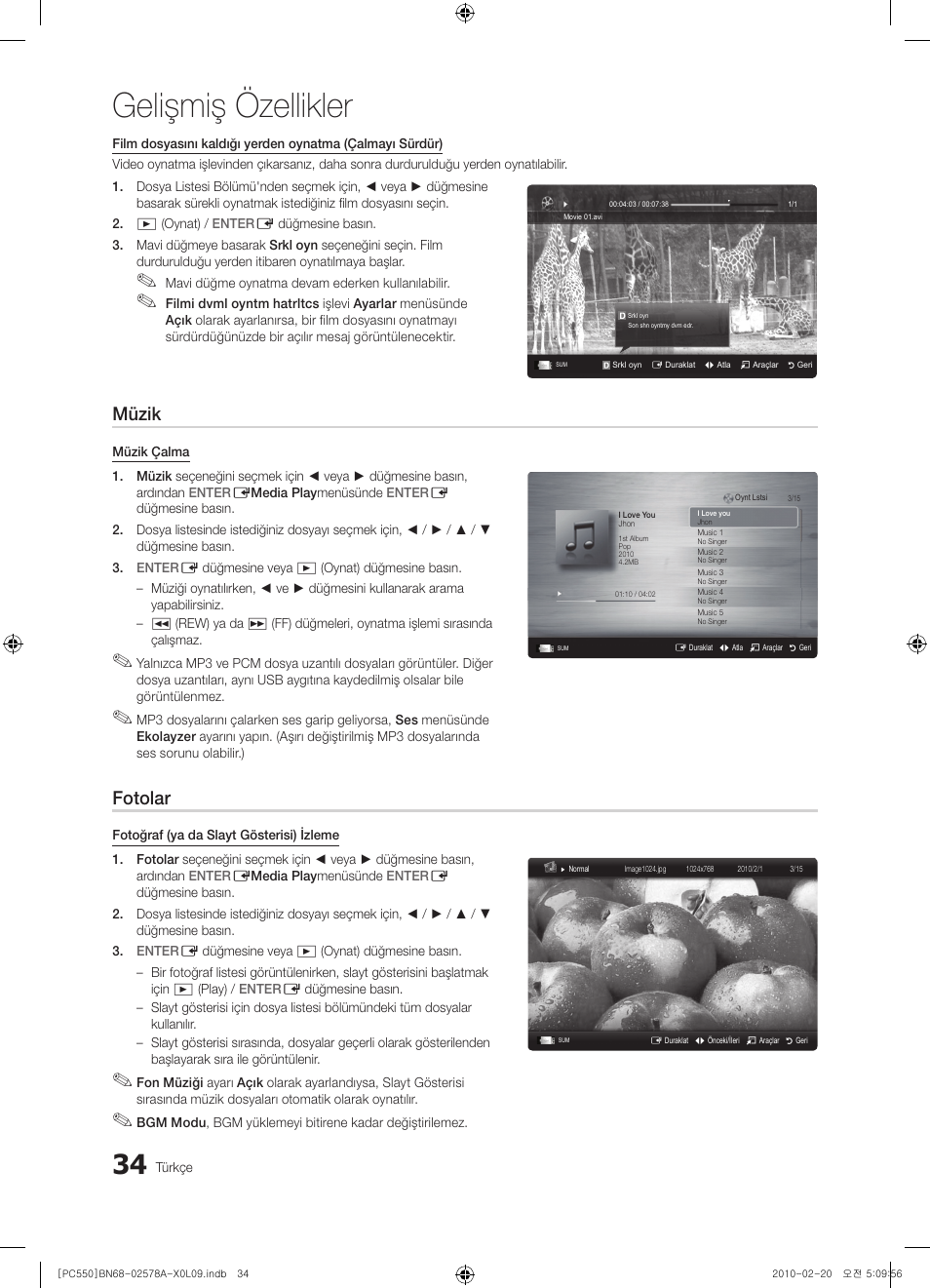 Gelişmiş özellikler, Müzik, Fotolar | Samsung PS50C551G2W User Manual | Page 434 / 452