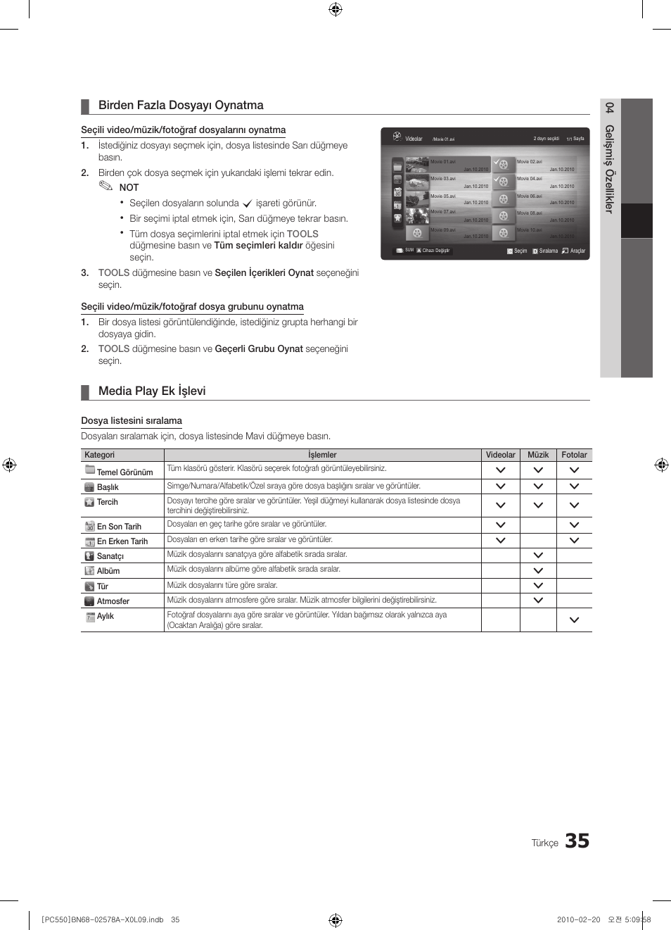 Birden fazla dosyayı oynatma, Media play ek işlevi | Samsung PS50C551G2W User Manual | Page 435 / 452