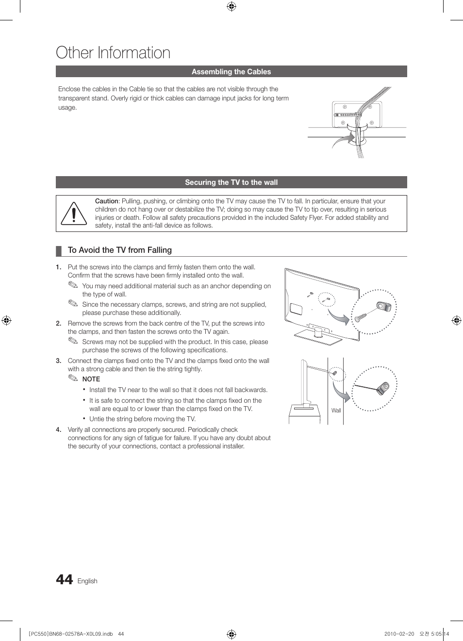 Assembling the cables, Securing the tv to the wall, Other information | Samsung PS50C551G2W User Manual | Page 44 / 452