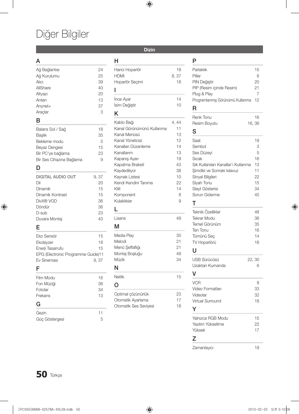 Diğer bilgiler | Samsung PS50C551G2W User Manual | Page 450 / 452