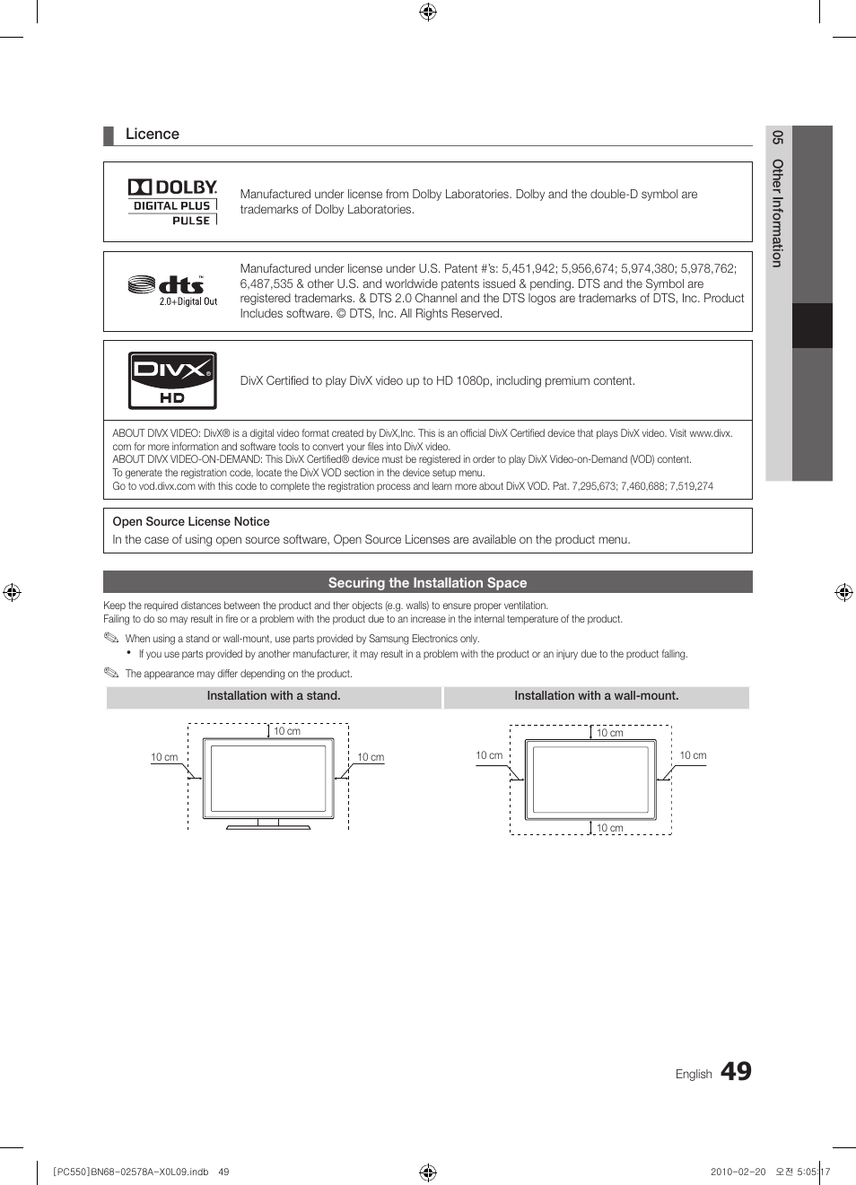 Securing the installation space | Samsung PS50C551G2W User Manual | Page 49 / 452