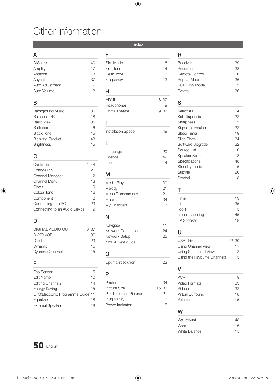 Index, Other information | Samsung PS50C551G2W User Manual | Page 50 / 452