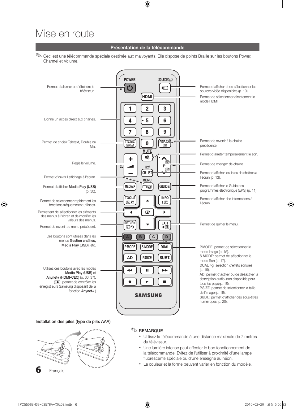 Mise en route | Samsung PS50C551G2W User Manual | Page 56 / 452