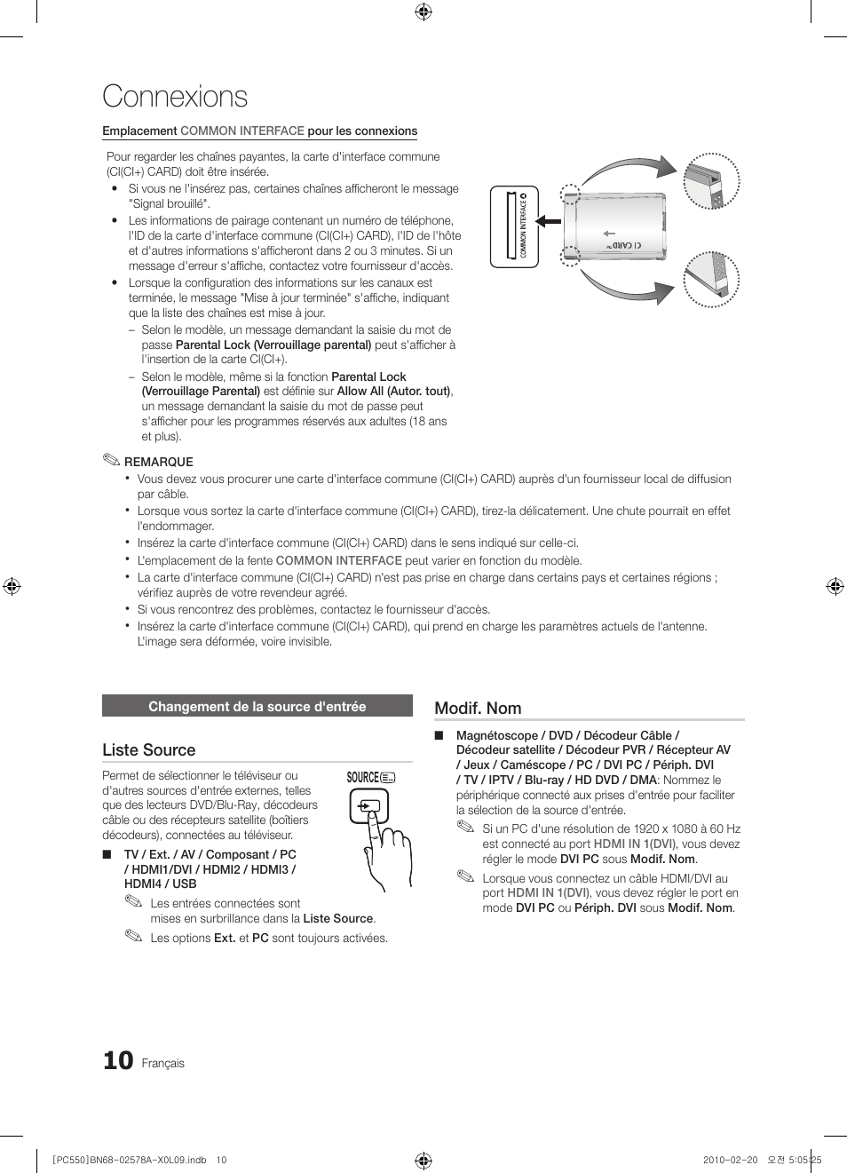 Connexions | Samsung PS50C551G2W User Manual | Page 60 / 452