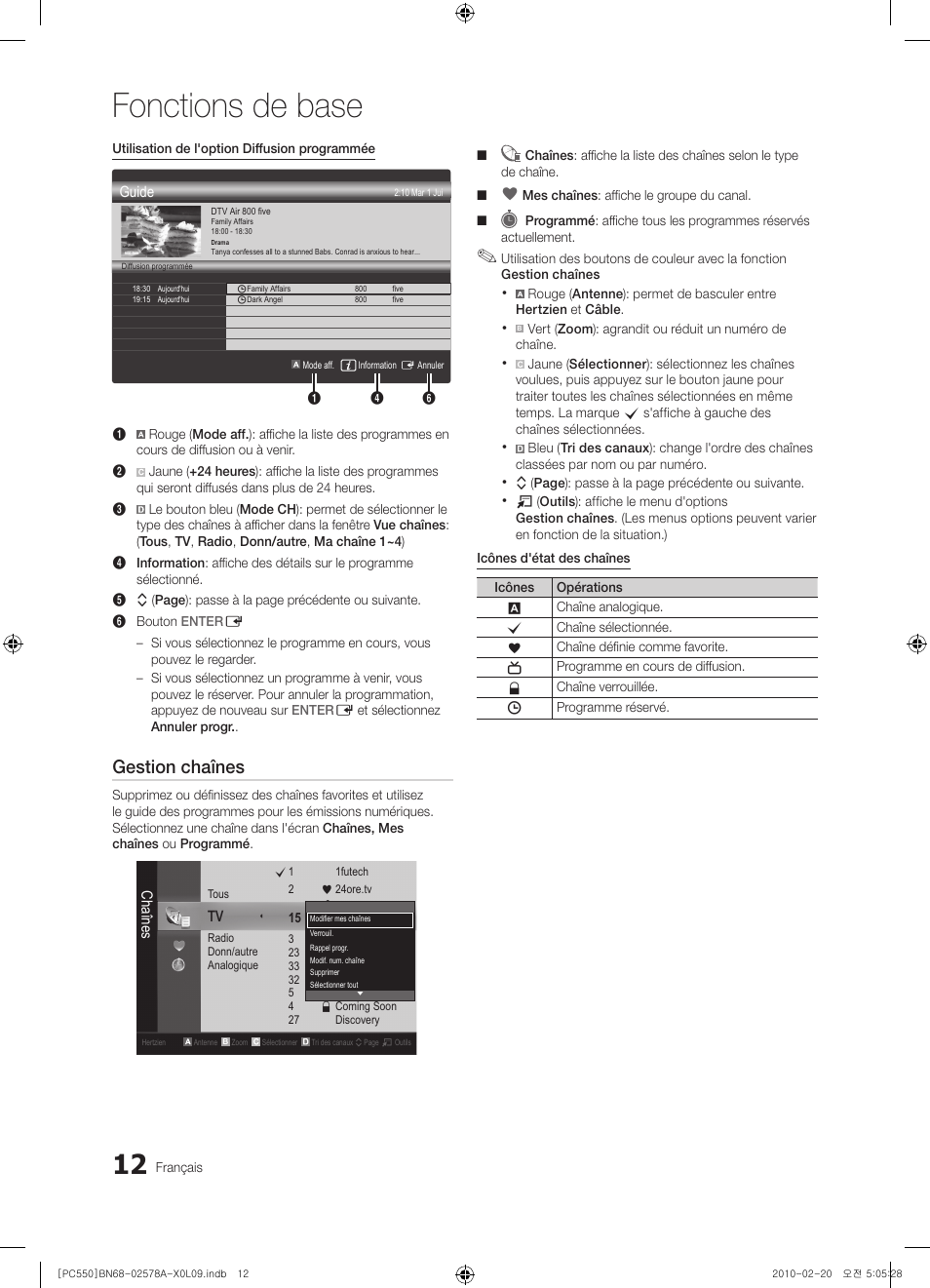 Fonctions de base, Gestion chaînes | Samsung PS50C551G2W User Manual | Page 62 / 452