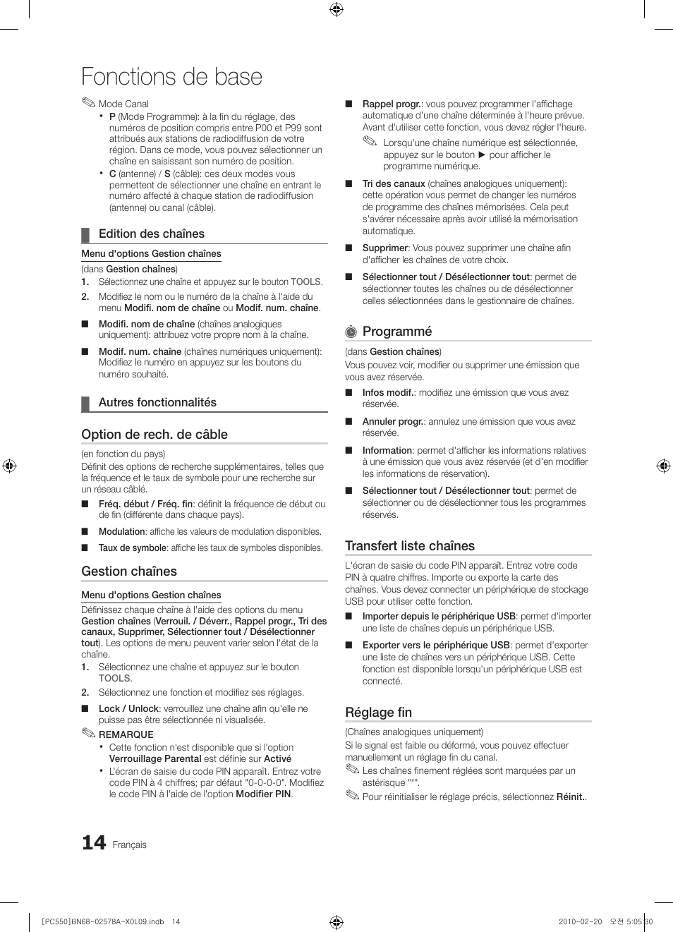 Fonctions de base, Option de rech. de câble, Gestion chaînes | Programmé, Transfert liste chaînes, Réglage fin | Samsung PS50C551G2W User Manual | Page 64 / 452