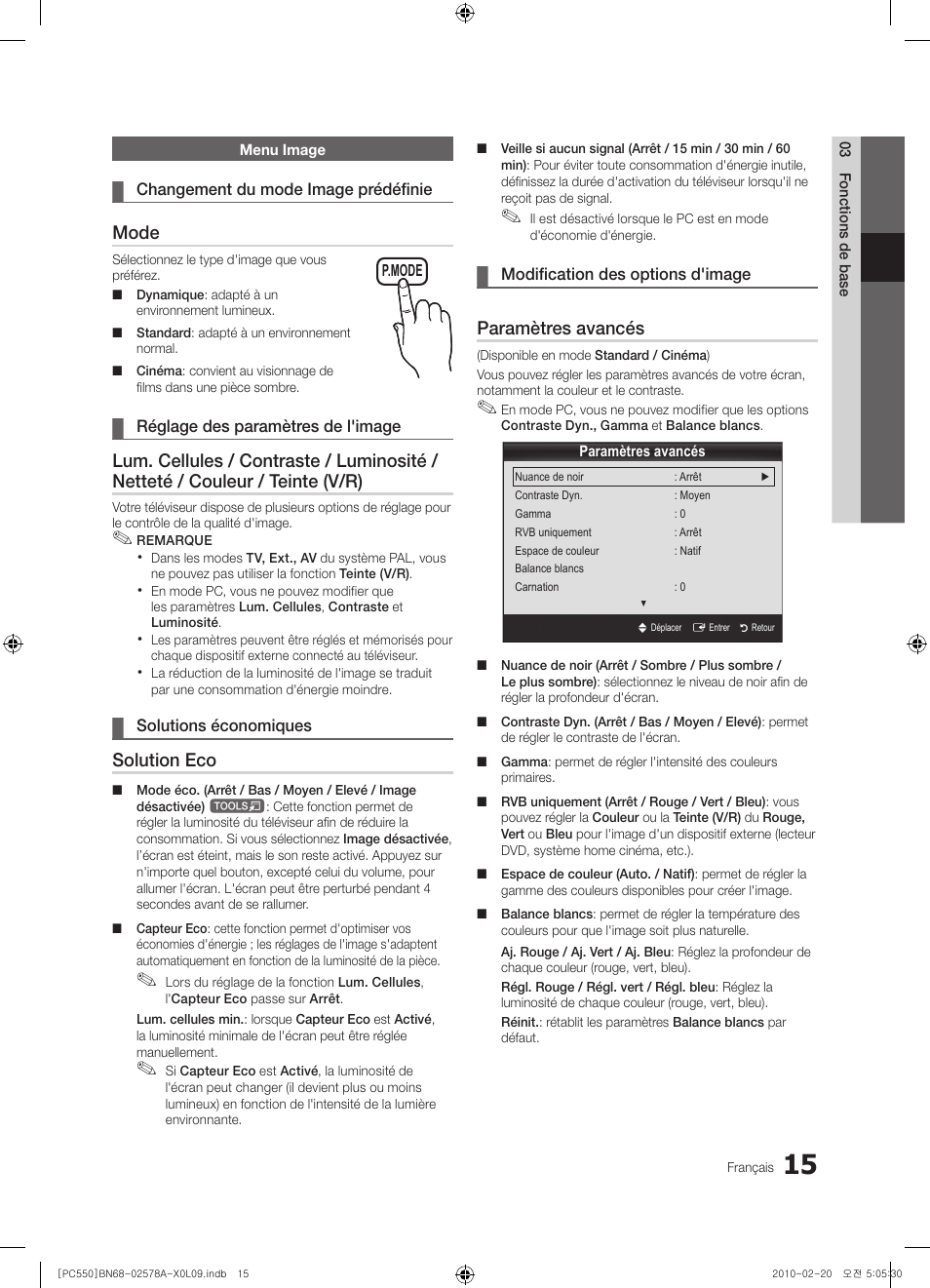 Mode, Solution eco, Paramètres avancés | Samsung PS50C551G2W User Manual | Page 65 / 452
