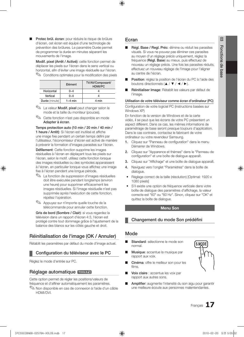 Réinitialisation de l'image (ok / annuler), Réglage automatique, Ecran | Mode | Samsung PS50C551G2W User Manual | Page 67 / 452