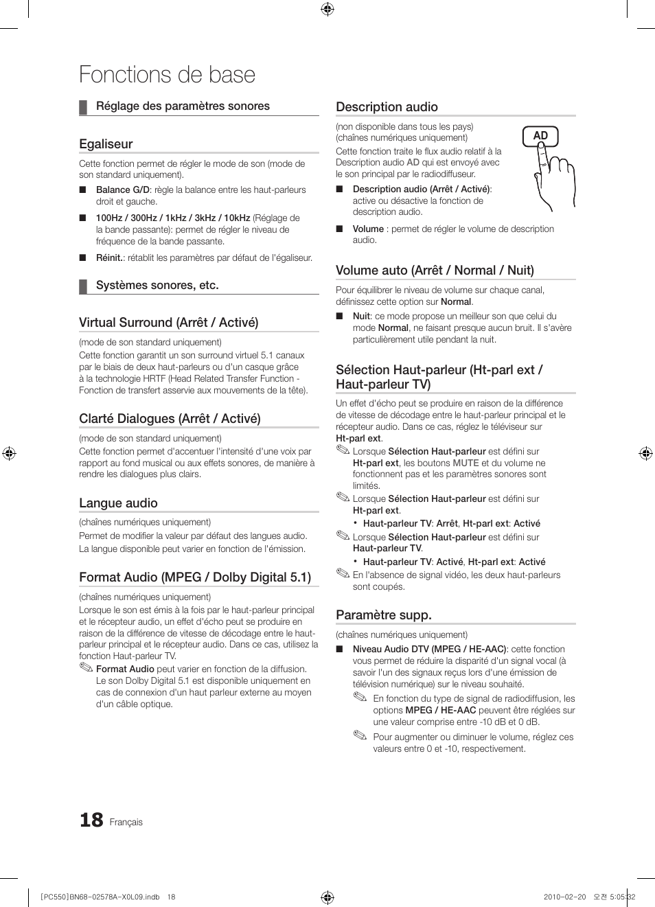 Fonctions de base | Samsung PS50C551G2W User Manual | Page 68 / 452