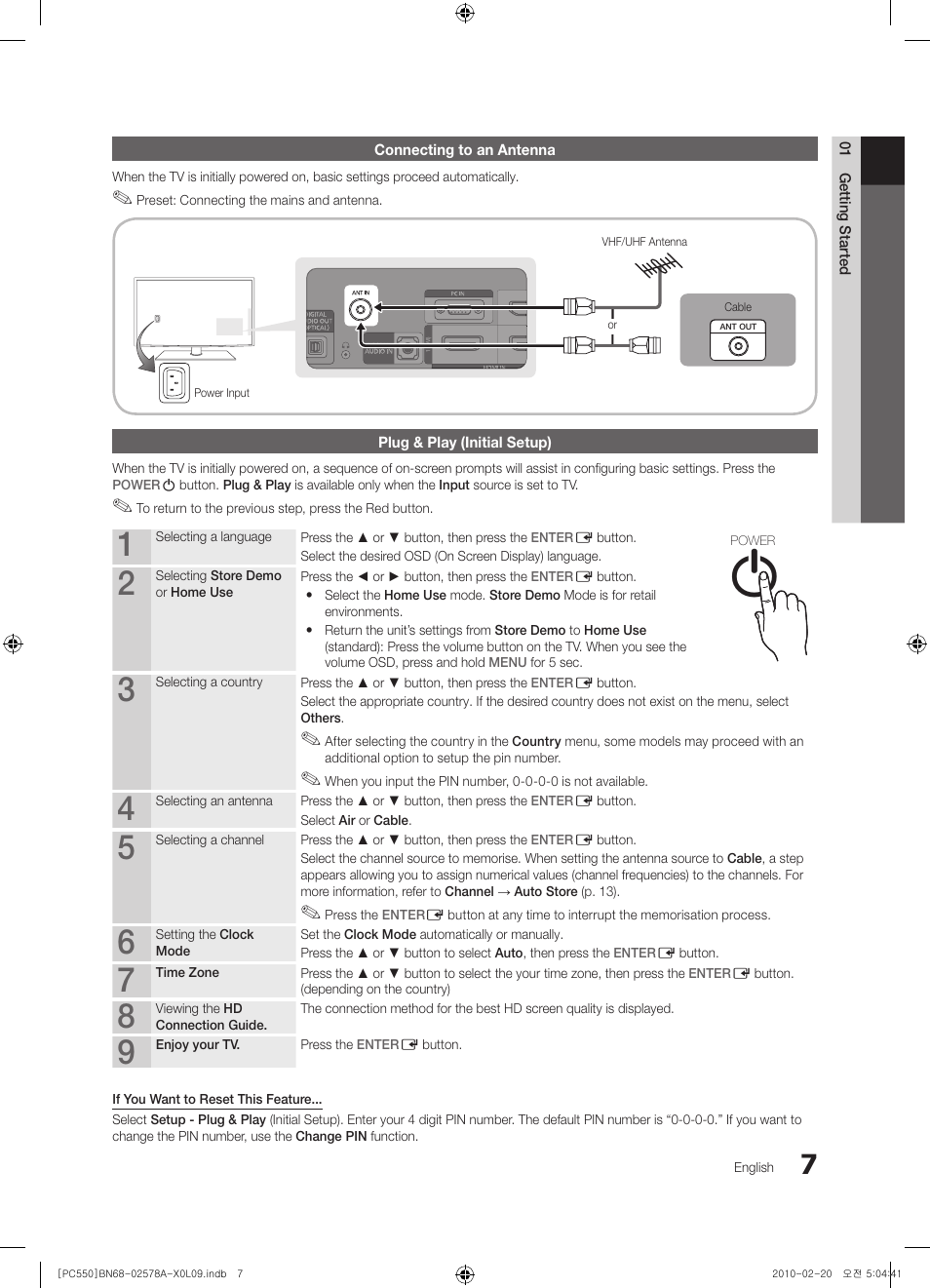 Connecting to an antenna, Plug & play (initial setup) | Samsung PS50C551G2W User Manual | Page 7 / 452