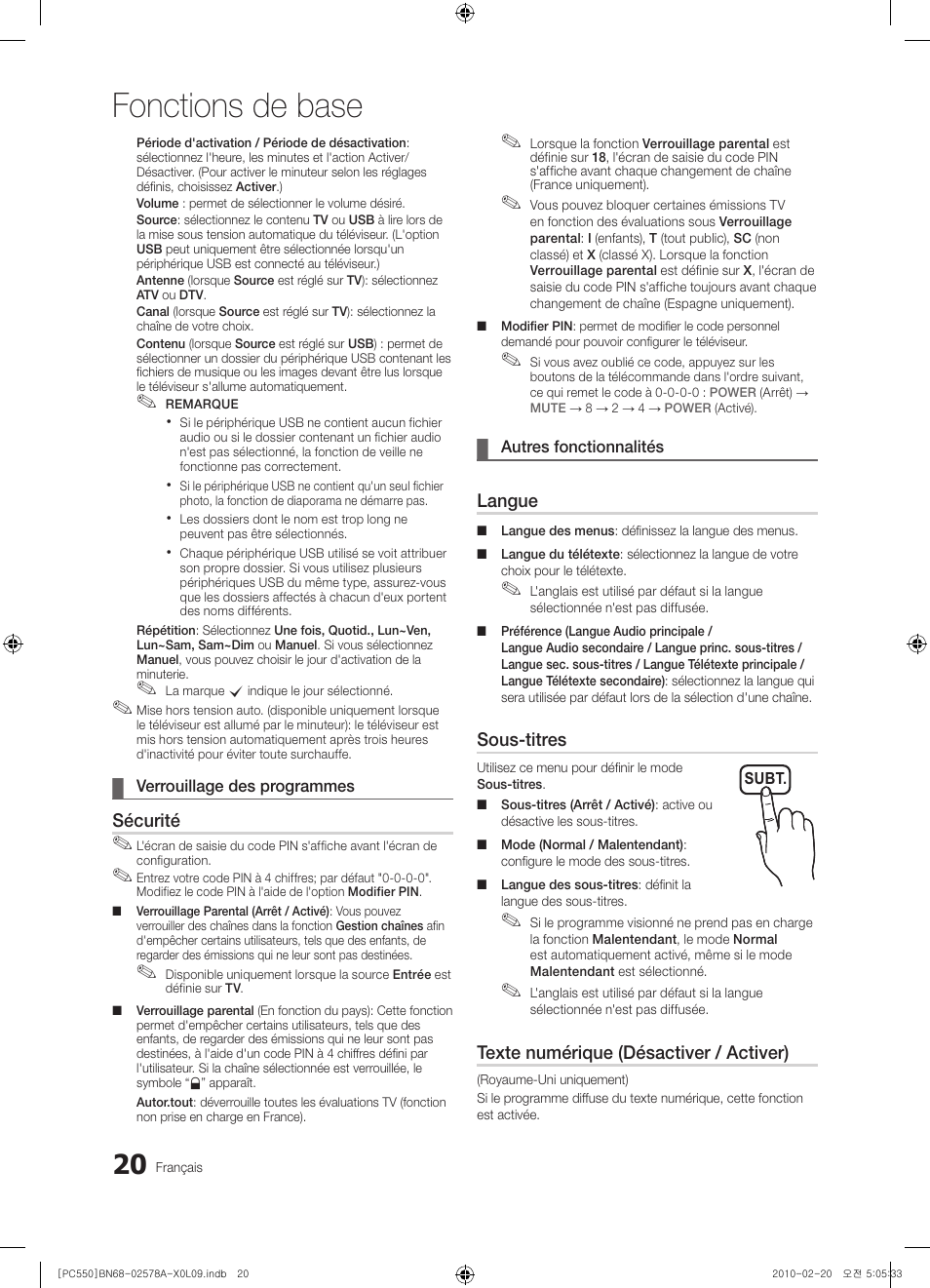 Fonctions de base, Sécurité, Langue | Sous-titres, Texte numérique (désactiver / activer) | Samsung PS50C551G2W User Manual | Page 70 / 452