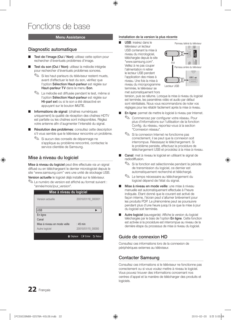 Fonctions de base, Diagnostic automatique, Mise à niveau du logiciel | Guide de connexion hd, Contacter samsung | Samsung PS50C551G2W User Manual | Page 72 / 452