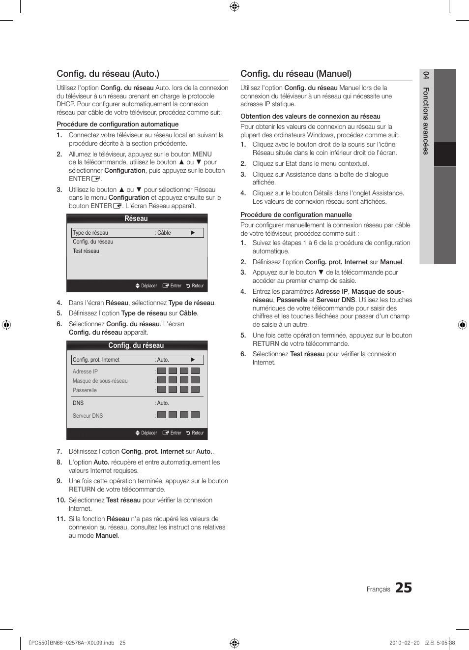 Config. du réseau (auto.), Config. du réseau (manuel) | Samsung PS50C551G2W User Manual | Page 75 / 452