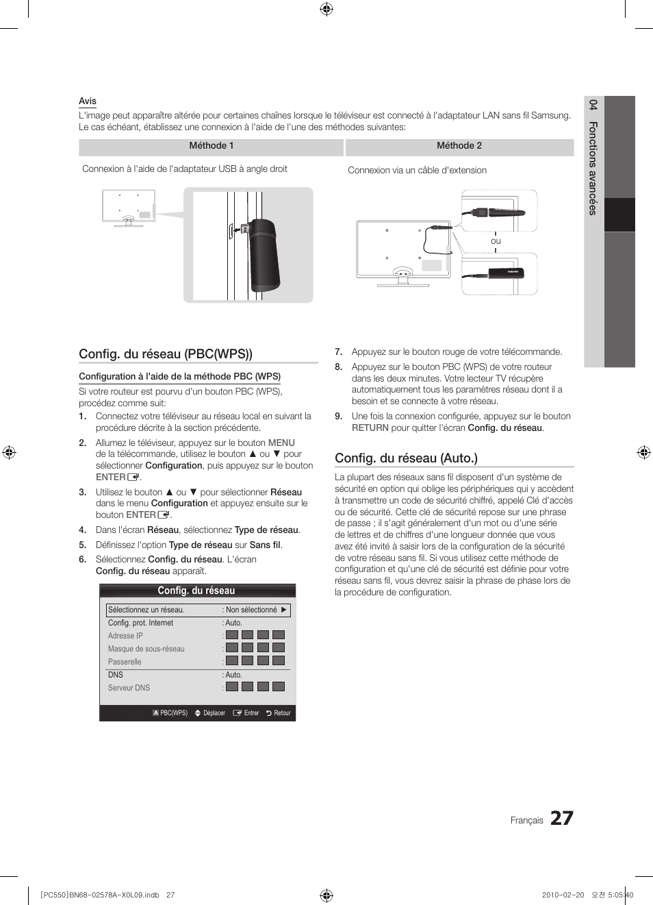 Config. du réseau (pbc(wps)), Config. du réseau (auto.) | Samsung PS50C551G2W User Manual | Page 77 / 452