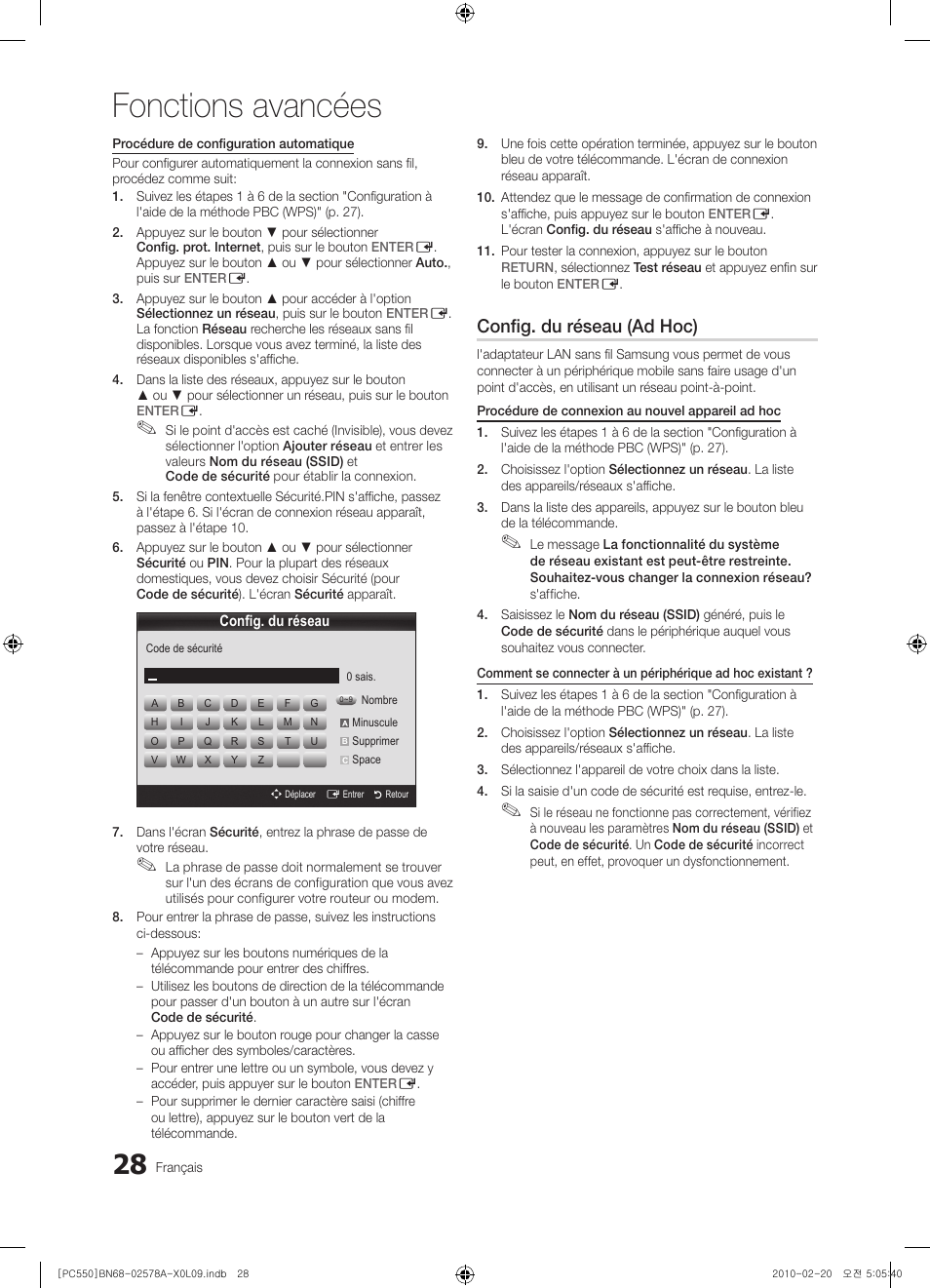 Fonctions avancées, Config. du réseau (ad hoc) | Samsung PS50C551G2W User Manual | Page 78 / 452