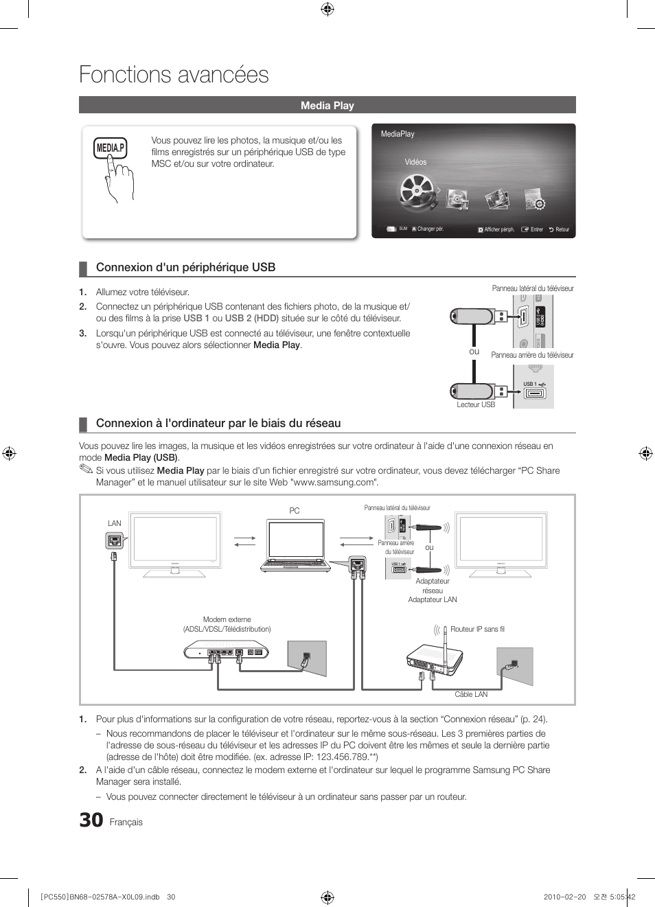 Fonctions avancées, Connexion d'un périphérique usb, Connexion à l'ordinateur par le biais du réseau | Samsung PS50C551G2W User Manual | Page 80 / 452