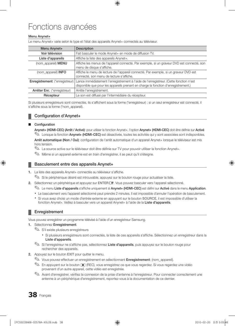 Fonctions avancées | Samsung PS50C551G2W User Manual | Page 88 / 452