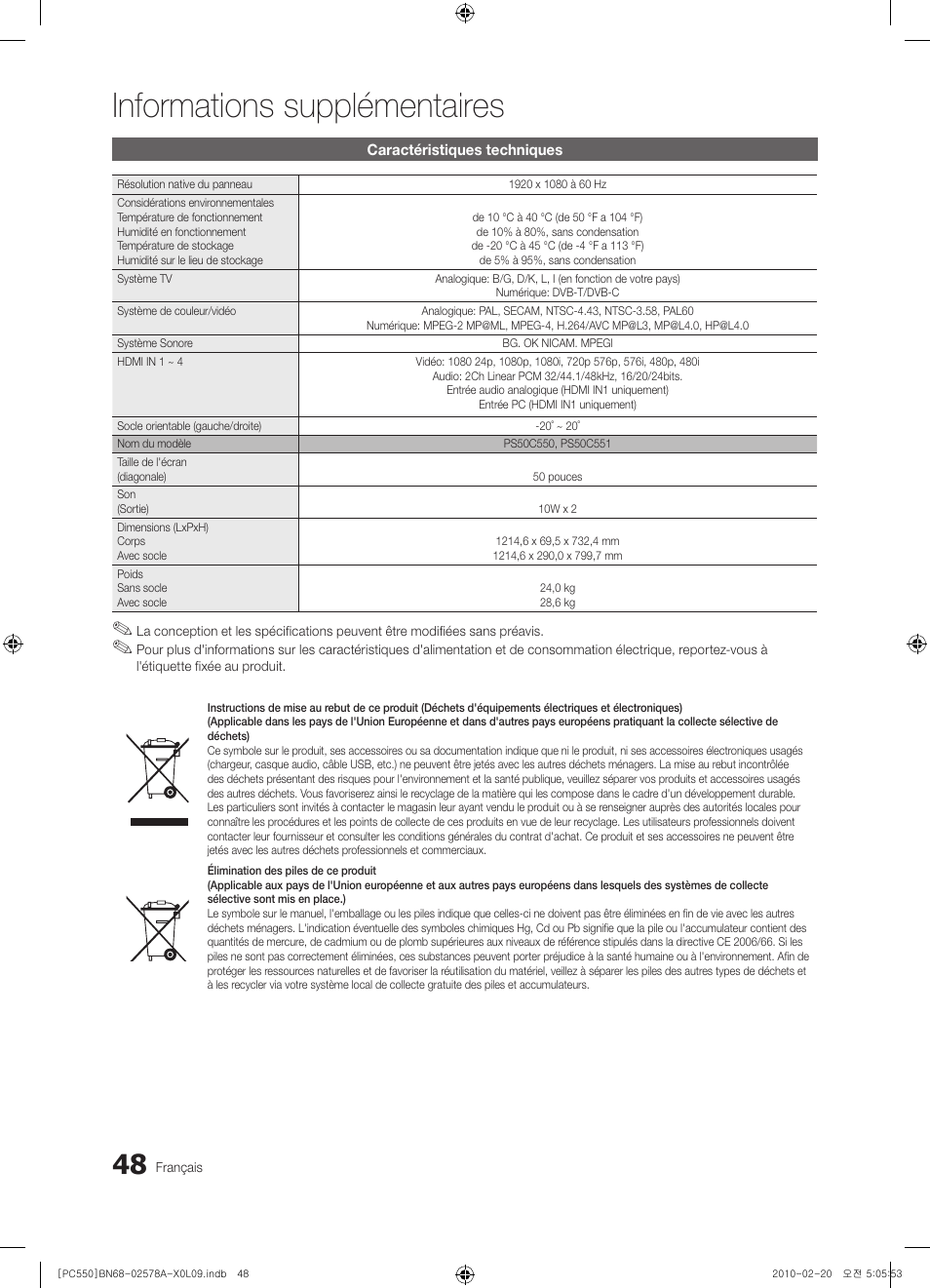 Informations supplémentaires | Samsung PS50C551G2W User Manual | Page 98 / 452