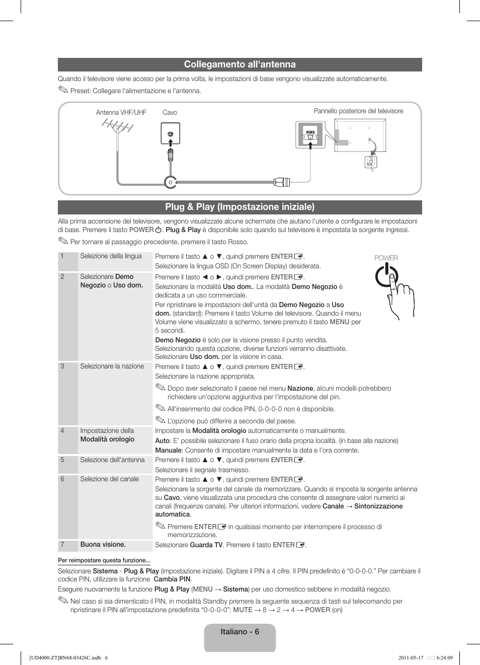 Collegamento all'antenna, Plug & play (impostazione iniziale) | Samsung UE32D4020NW User Manual | Page 54 / 67
