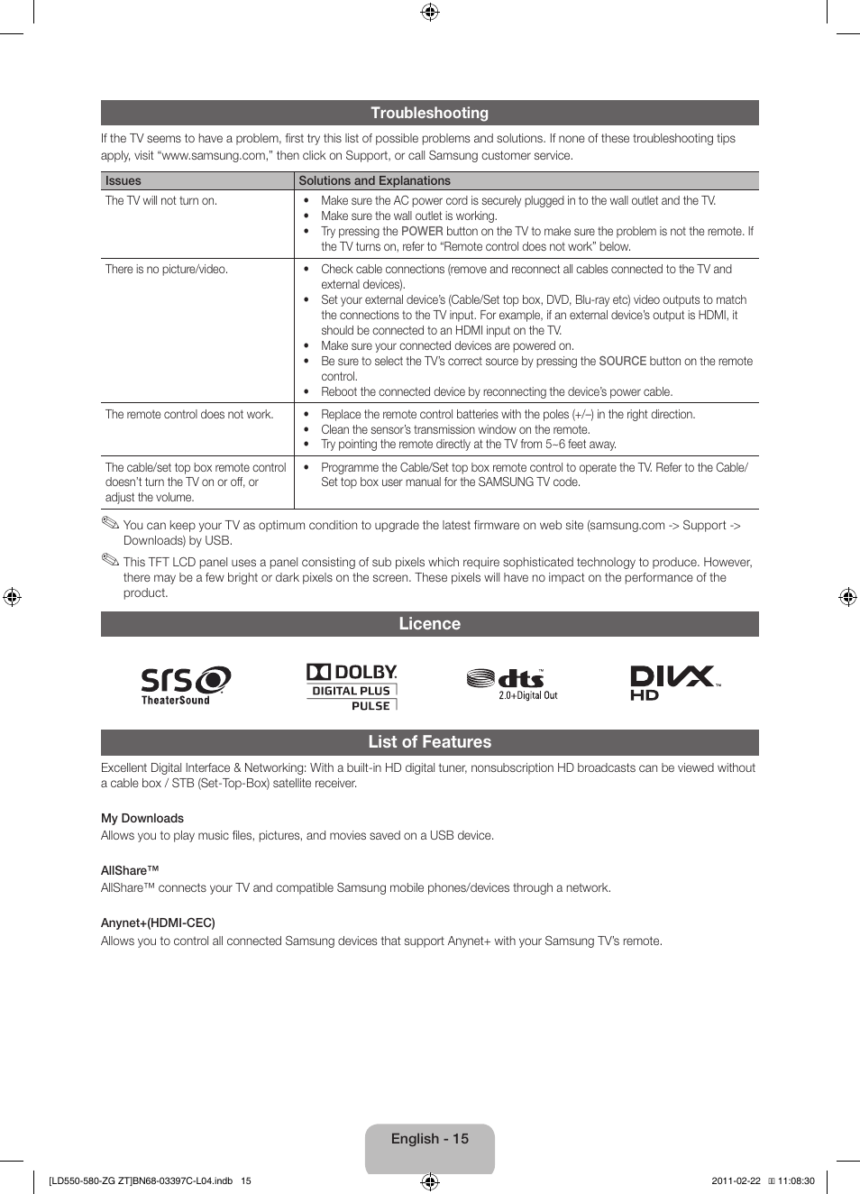 Licence list of features | Samsung LE37D550K1W User Manual | Page 15 / 67
