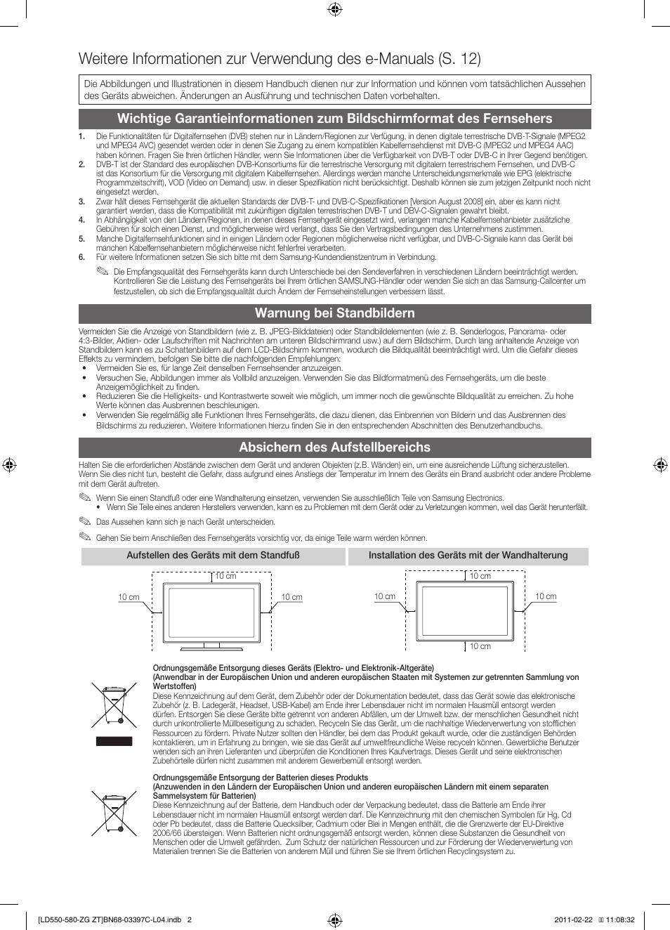 Warnung bei standbildern, Absichern des aufstellbereichs | Samsung LE37D550K1W User Manual | Page 18 / 67