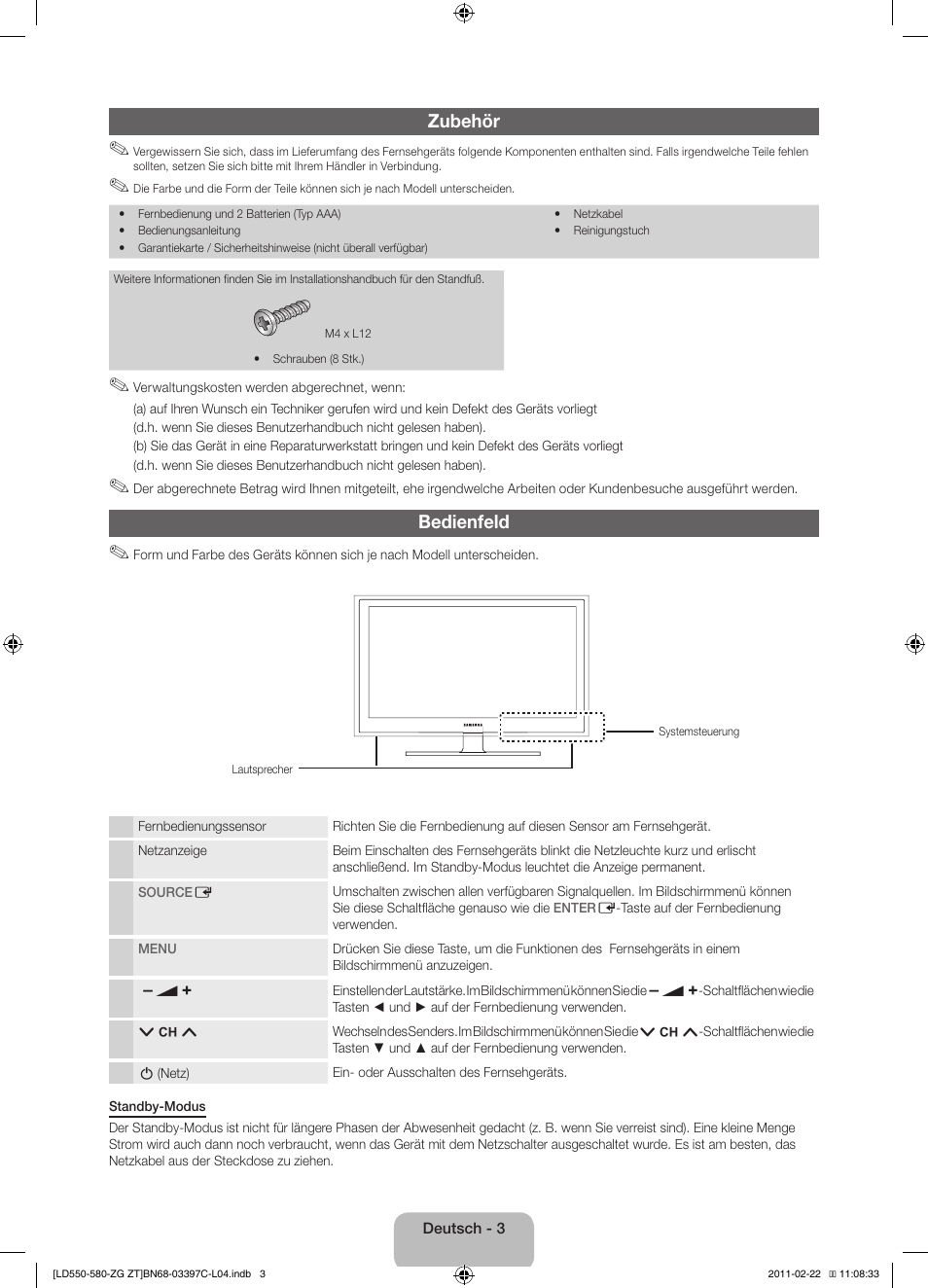Zubehör, Bedienfeld | Samsung LE37D550K1W User Manual | Page 19 / 67